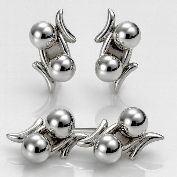 Taxco Jewelry - Vintage Los Castillo Taxco Sterling Silver Modernist Brooch & Earrings Set MCM